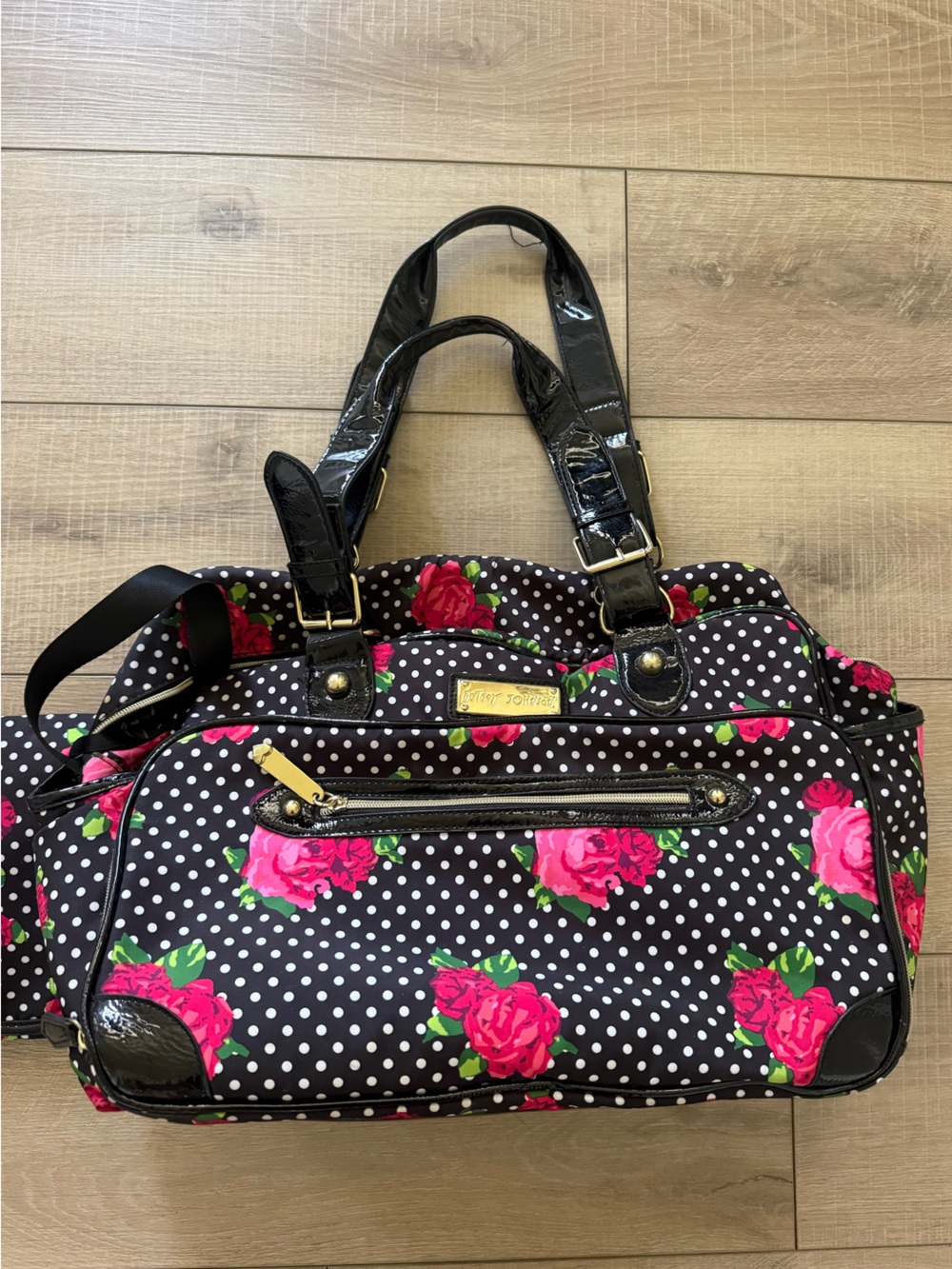 Betsey Johnson Black Polka Dot Tote/Diaper bag with roses